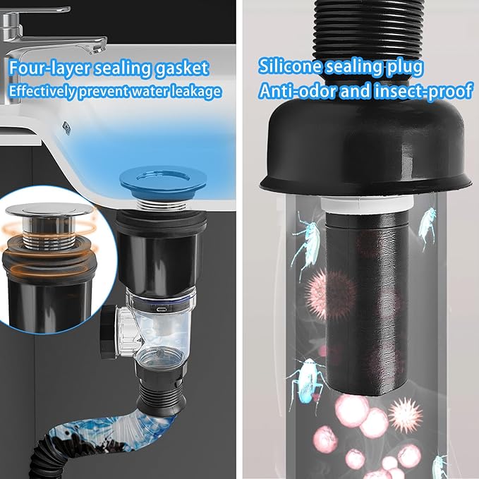 Sink Drain Pipe, Expandable Flexible Kitchen Sink Drain Pipe P Trap Kitchen Sink for Bathroom Kitchen 1‑1/4 in