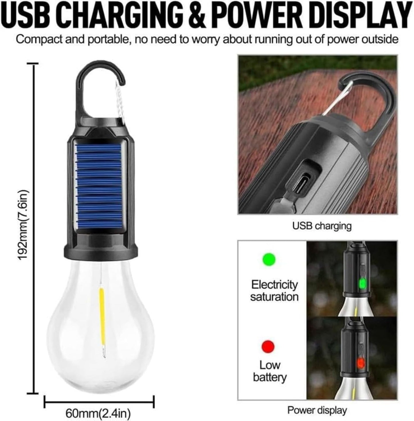 2PC Solar LED Camping Lantern with Hook– Hanging Tent Light, Waterproof, Adjustable Hanging & Clip, Rechargeable