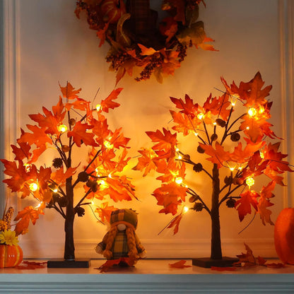 24 Inch Fall Maple Tree with 48LED Battery Operated Lighted Tabletop Artificial Tree with Pumpkin Acorn Maple Fall