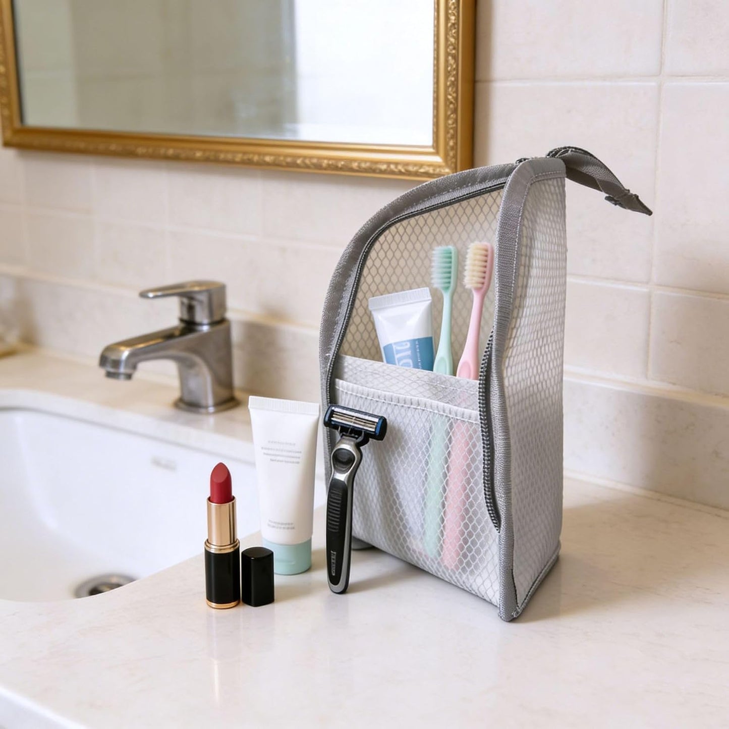Standing Travel Toiletry Bag, Portable Mesh Cosmetic Organizer