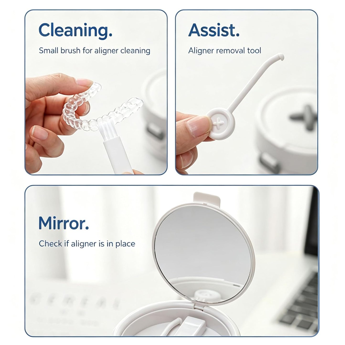 3-in-1 Retainer Case with Mirror and Cleaning Brush, Portable Retainer Case with Mirror