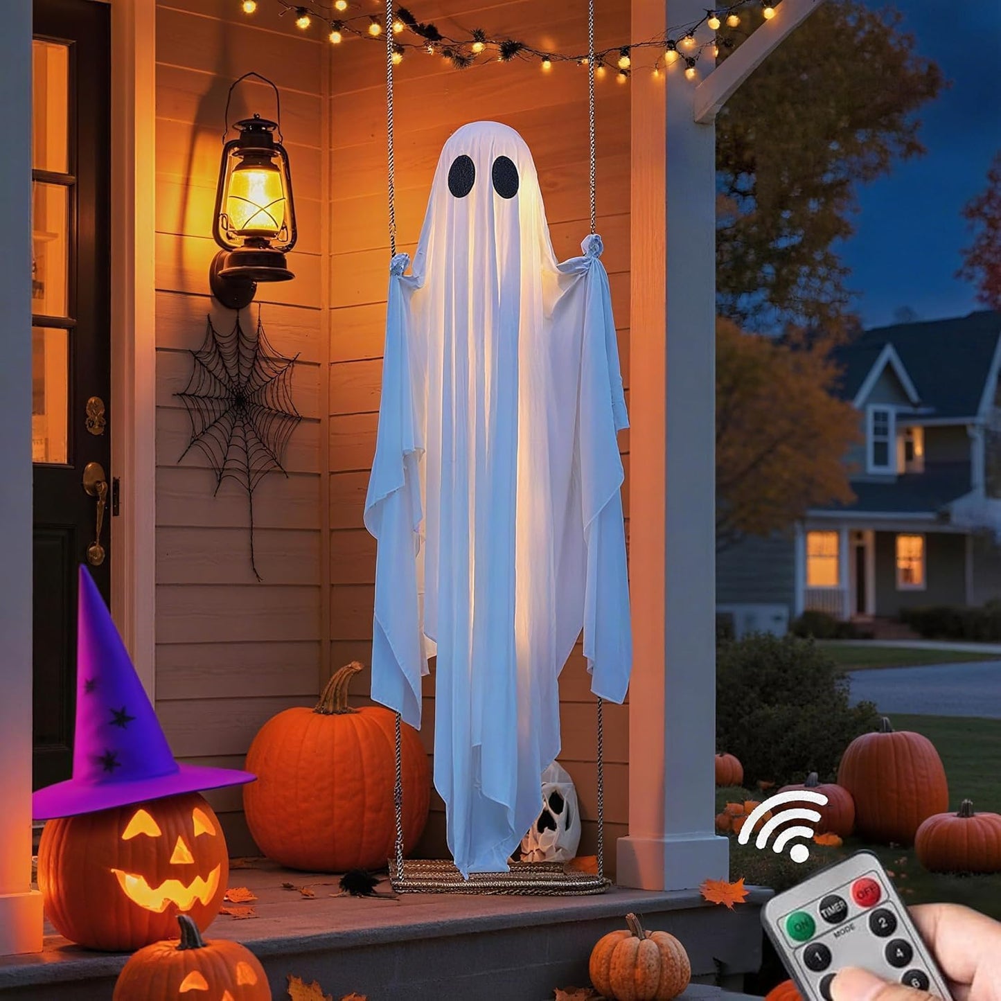 5FT Large Hanging Ghost Swing with Remote Control String Lights