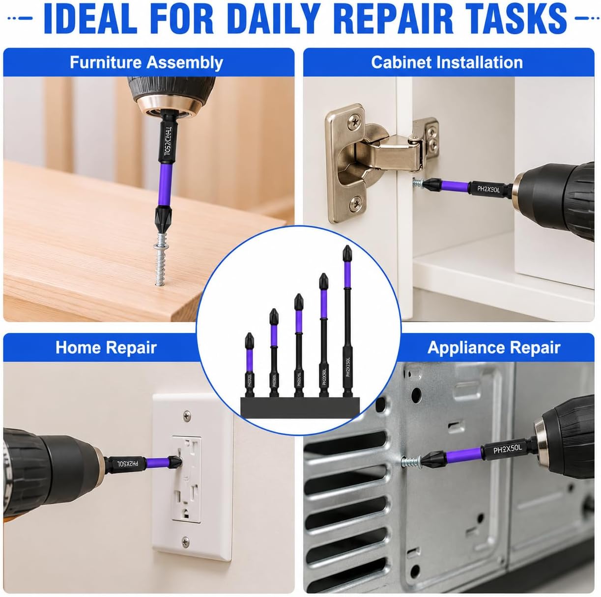 6Pcs PH2 Magnetic Anti-Slip Impact Bits,1/4" Hex Torsion Screwdriver Bits