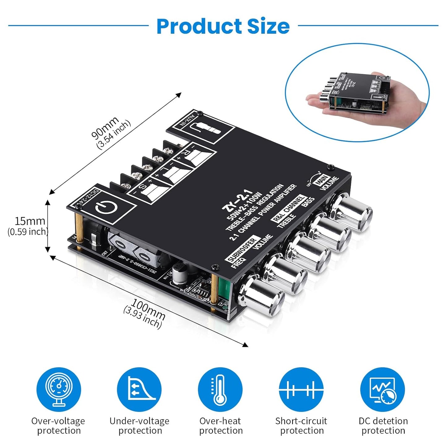 ZK-MT21 Bluetooth Amplifier Board, 2.1 Channel Subwoofer Amp Board with Treble/Bass/Sub Control