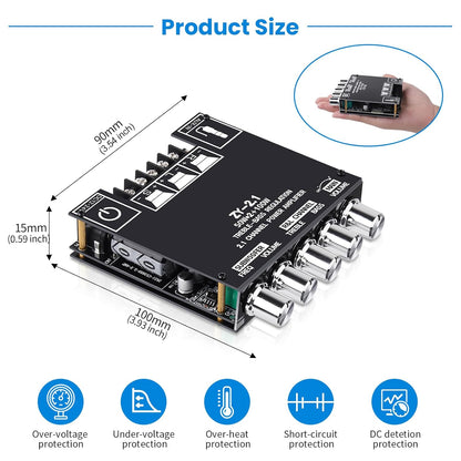 ZK-MT21 Bluetooth Amplifier Board, 2.1 Channel Subwoofer Amp Board with Treble/Bass/Sub Control