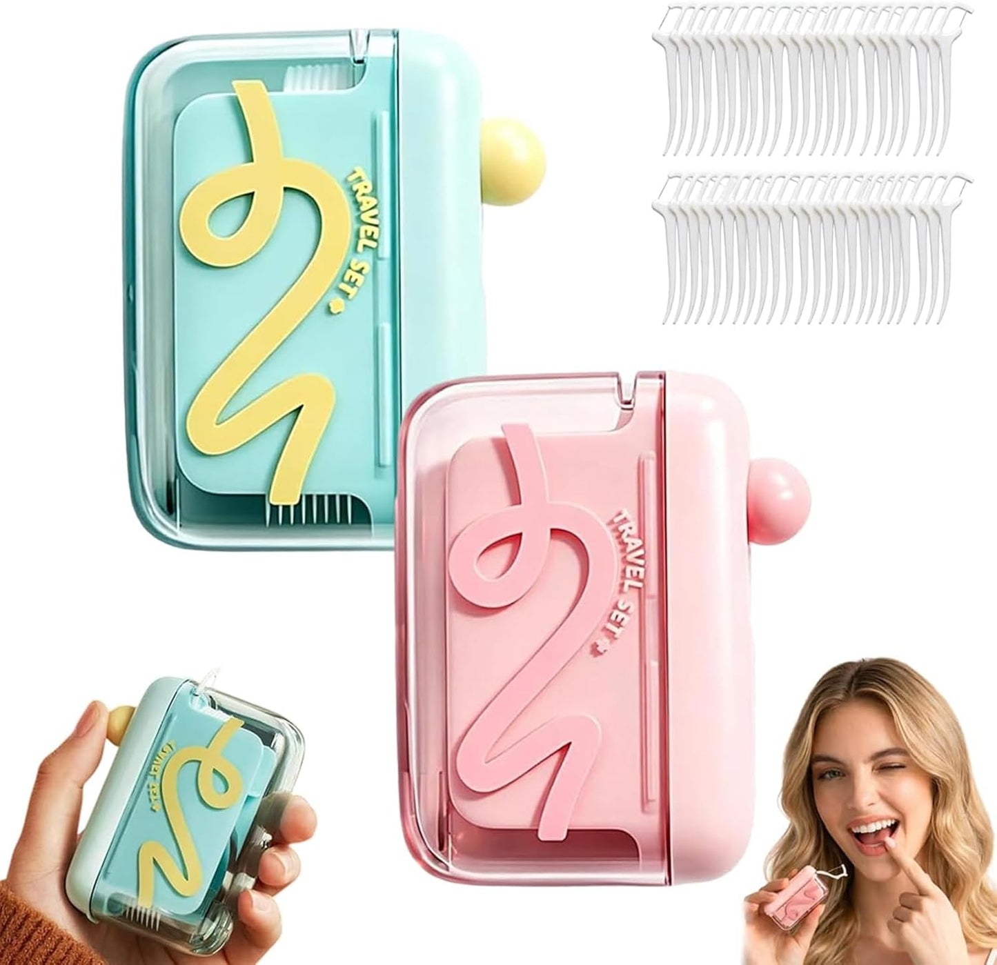 2Pcs Automatic Pop-up Portable Floss Dispenser with 20 Pcs Dental Floss