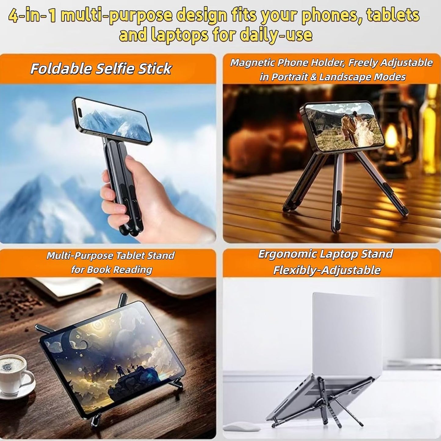 Portable Laptop Stand, 3-in-1 Magnetic Foldable Adjustable, for Desk