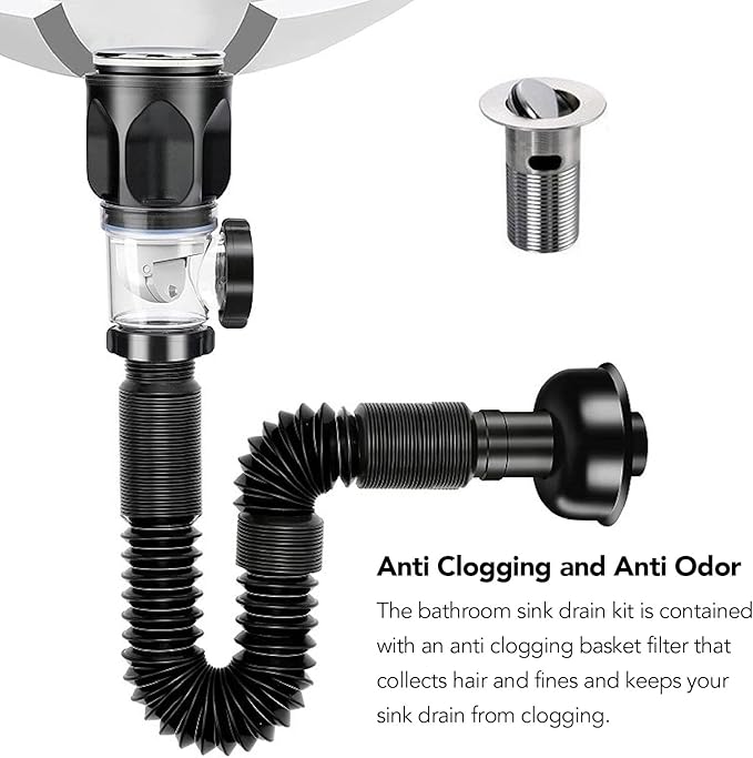 Sink Drain Pipe, Expandable Flexible Kitchen Sink Drain Pipe P Trap Kitchen Sink for Bathroom Kitchen 1‑1/4 in