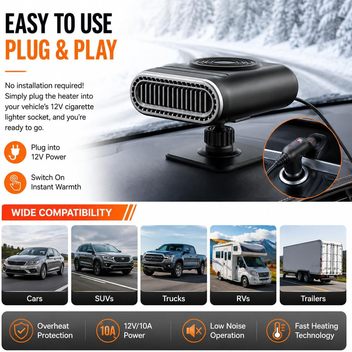 12V Portable Car Heater Power, Adjustable Defogging Windshield Demister