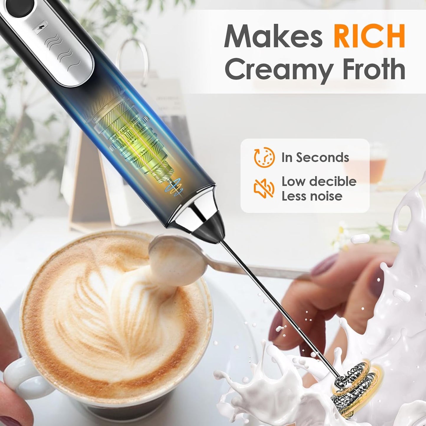 Milk Frother Handheld, Rechargeable Coffee Frother Wand with 2 Stainless Whisks 3 Speeds