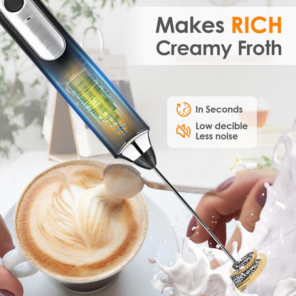 Milk Frother Handheld, Rechargeable Coffee Frother Wand with 2 Stainless Whisks 3 Speeds