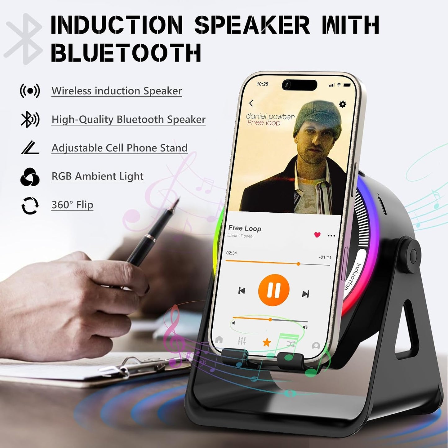5-in-1 Bluetooth Speaker with Wireless Induction & Phone Holder, 5000mAh Battery, RGB Ambient Light