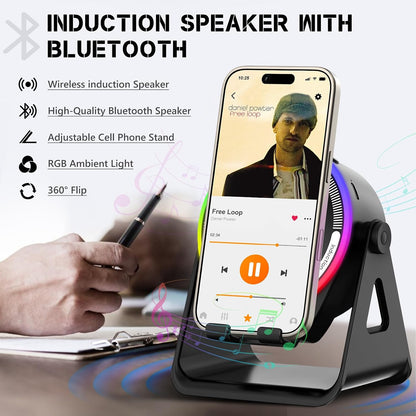 5-in-1 Bluetooth Speaker with Wireless Induction & Phone Holder, 5000mAh Battery, RGB Ambient Light