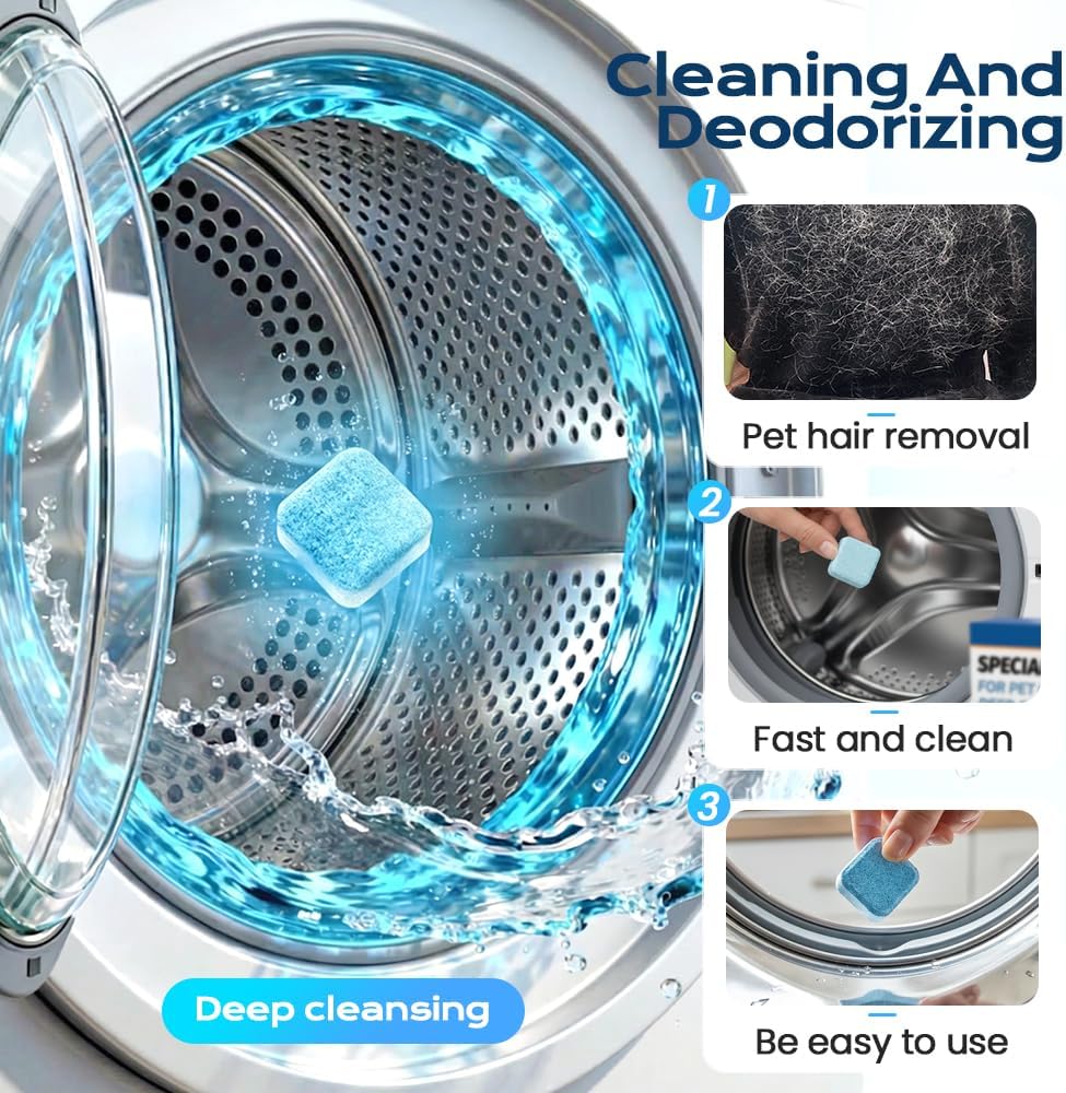 12Pcs Washing Machine Cleaner Tablets – Removes Stubborn Pet Hair, Odors & Mold, Septic Safe