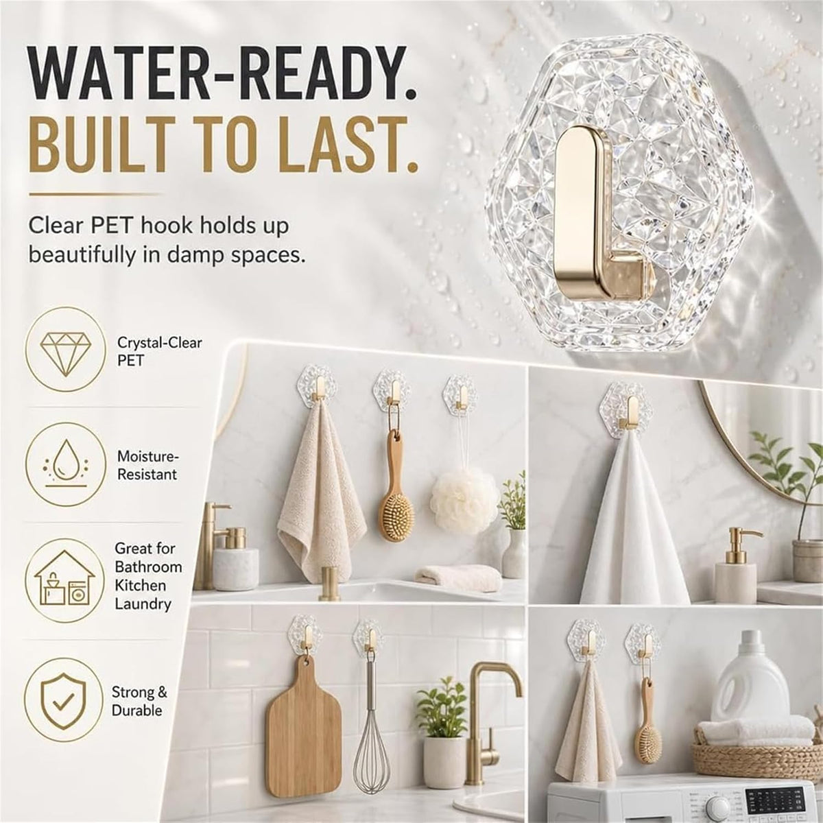 5PCS Self Adhesive Hooks, Water Ripple Hexagonal Heavy Duty Adhesive Wall Hooks for Hanging