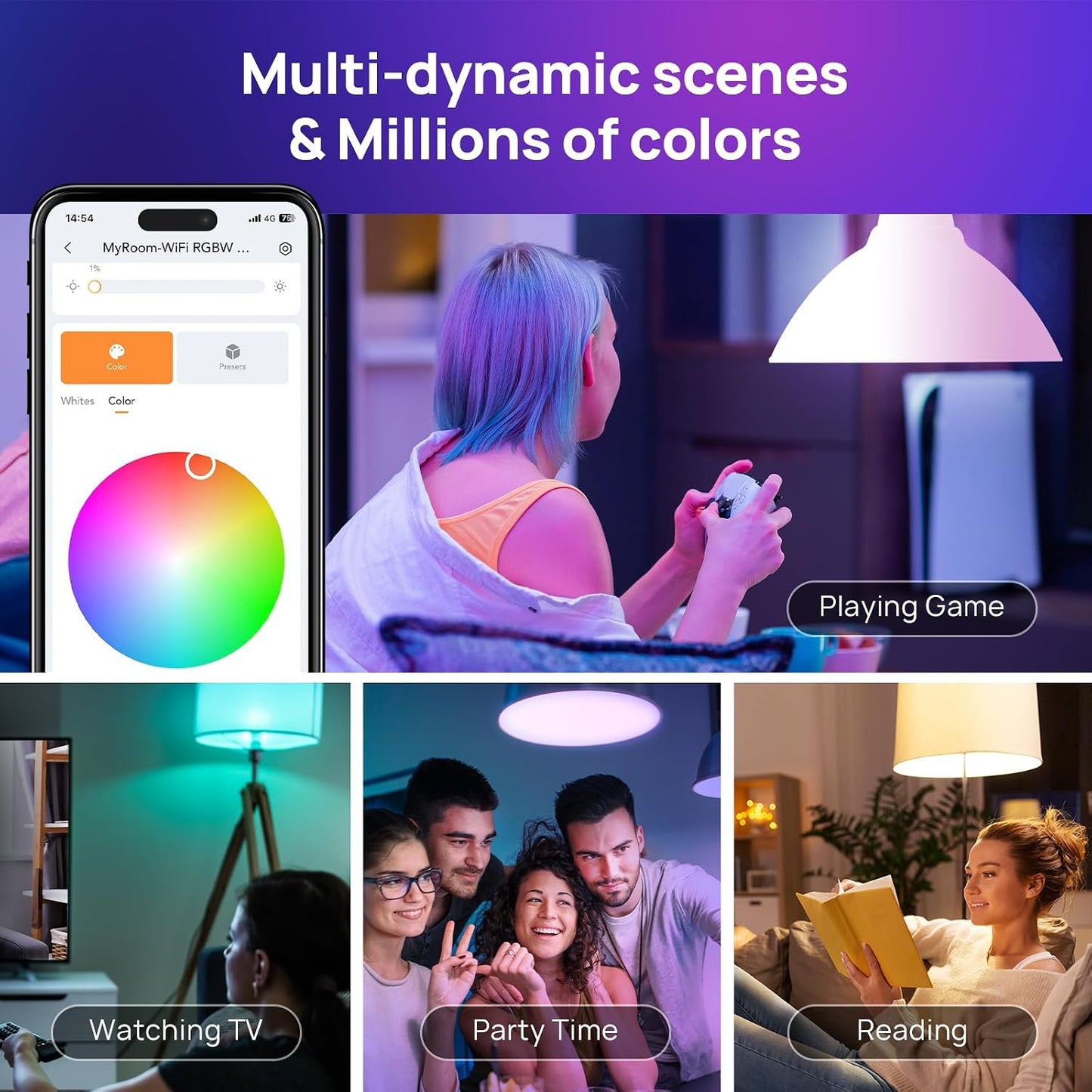 2PCS Smart Light Bulb, A19 Color Changing Light Bulb, 800 LM, E26 Base WiFi & Bluetooth