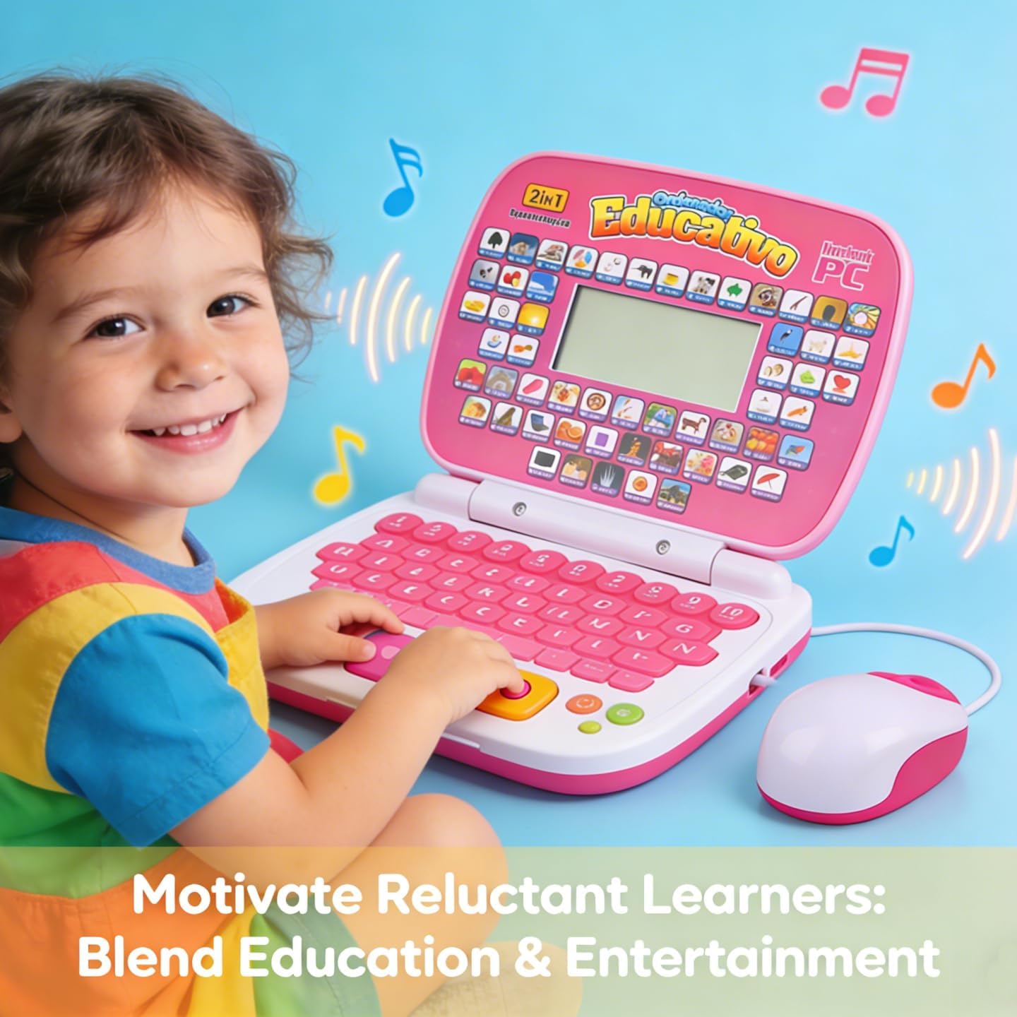 Bilingual Kids Laptop with English&Spanish, Interactive Music Function Rereading Keyboard Educationa