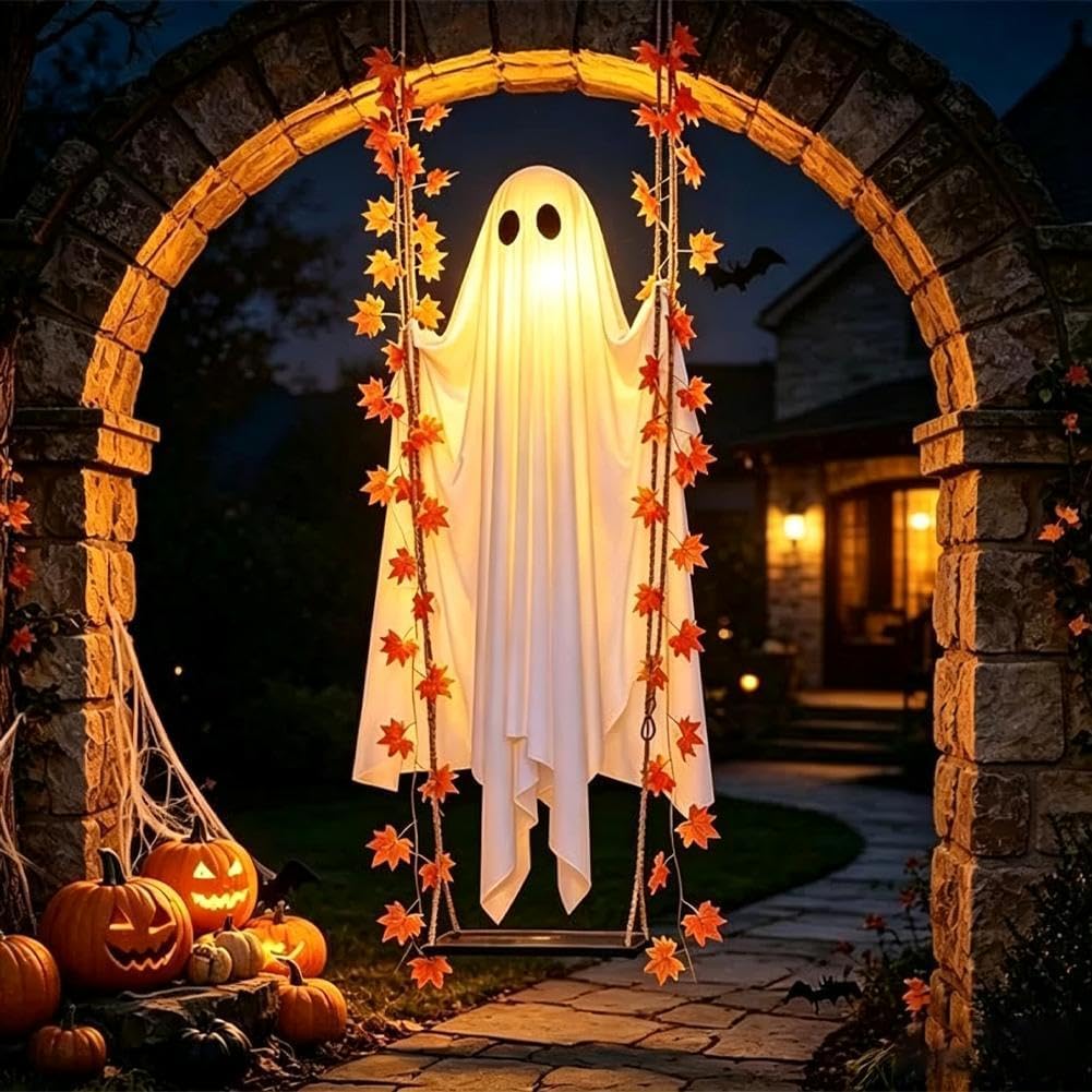 5FT Large Hanging Ghost Swing with Remote Control String Lights
