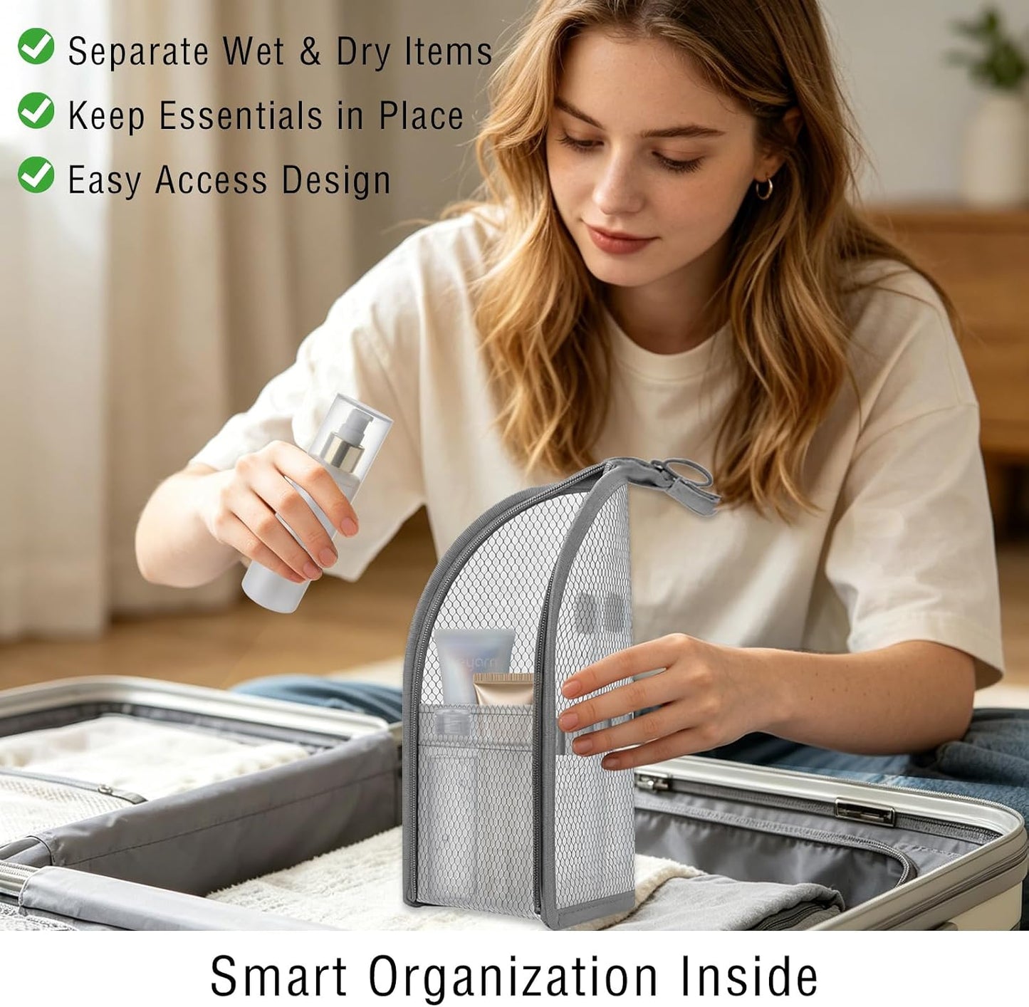 Standing Travel Toiletry Bag, Portable Mesh Cosmetic Organizer