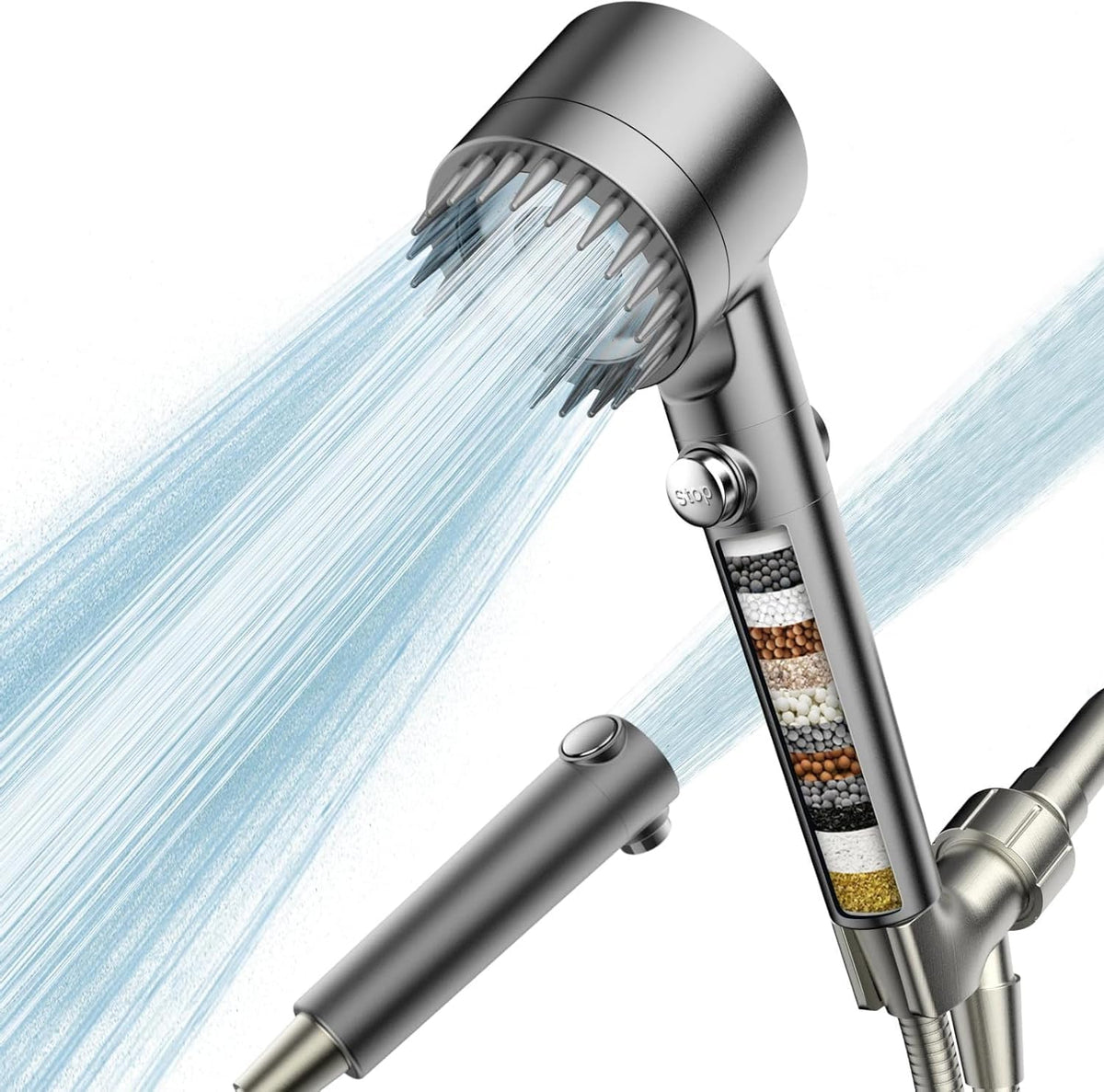 Silver Filtered Handheld Shower Head with ON/OFF Switch, Multi-Mode