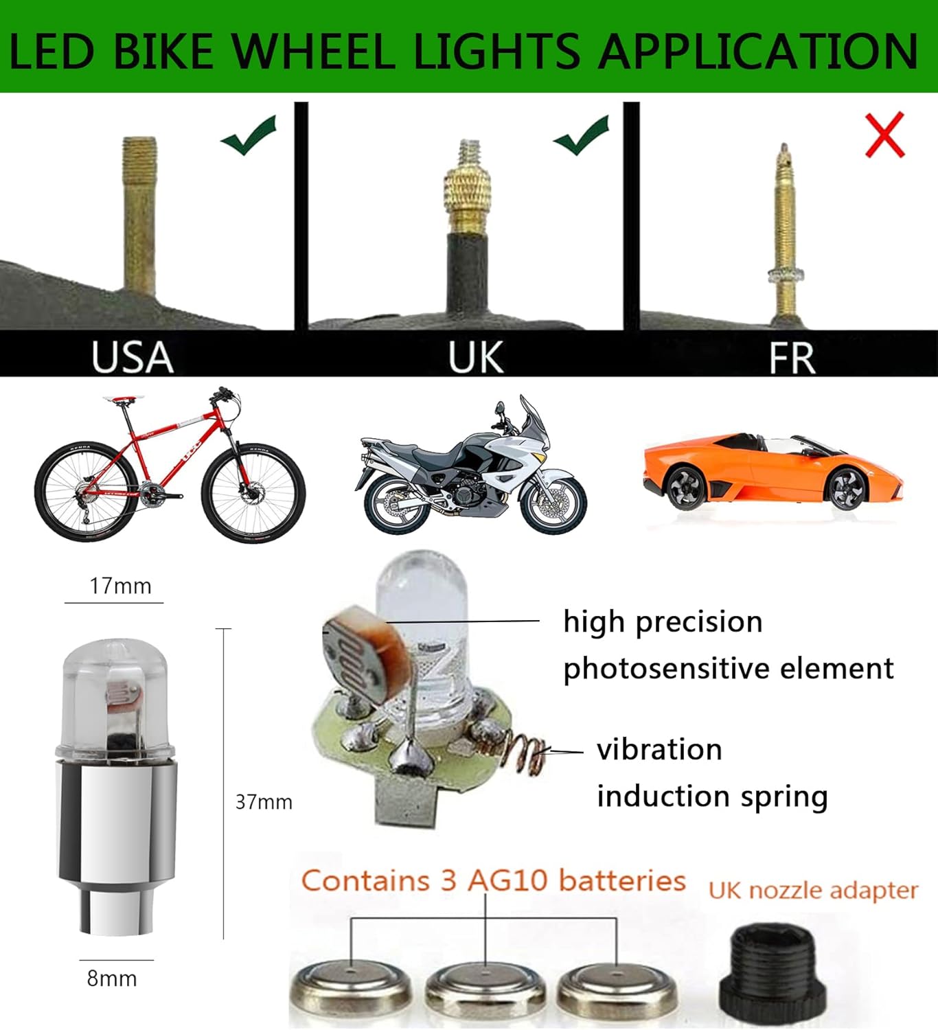 4 Pack LED Tire Lights for Car Trucks Valve Stem Cap Bike Golf Cart