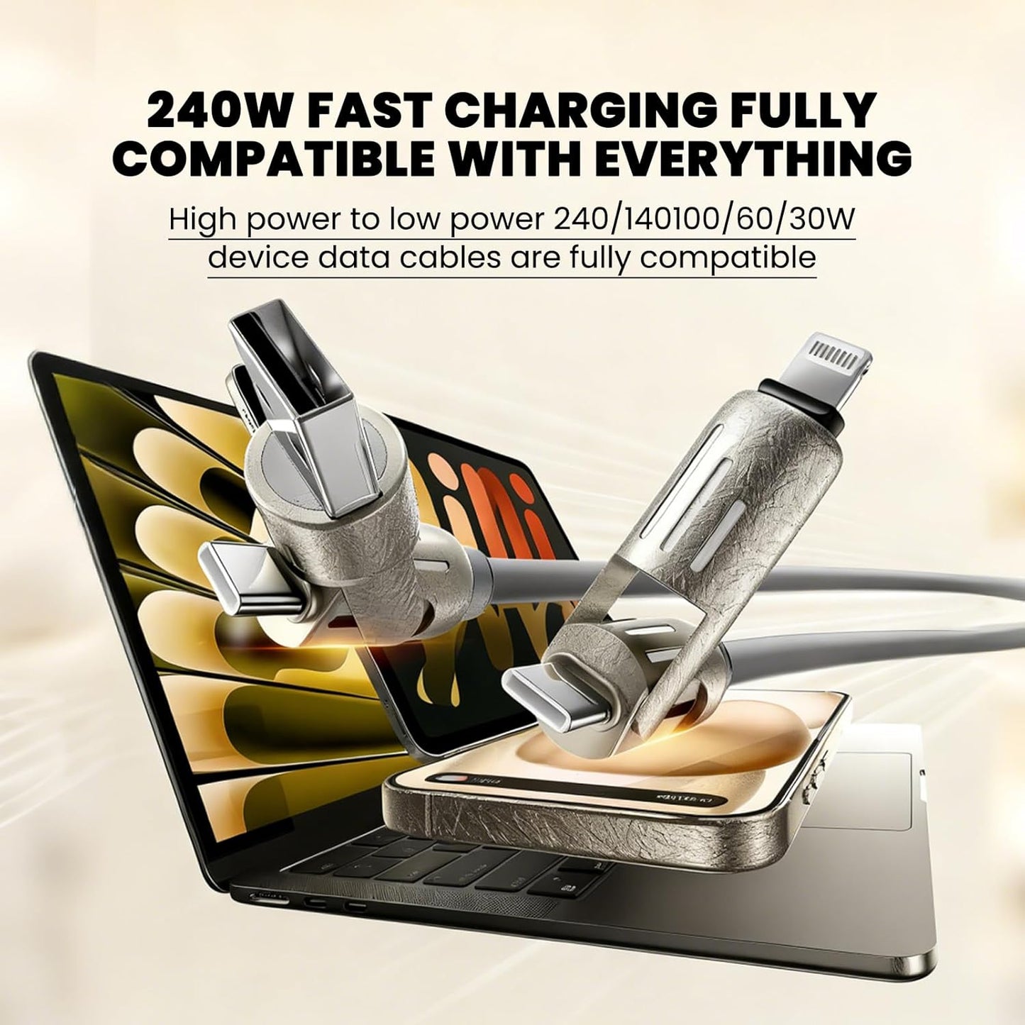 4-in-1 Fast Charging Cable with LED Indicator, 5ft 240W USB C Multi Charger Cord