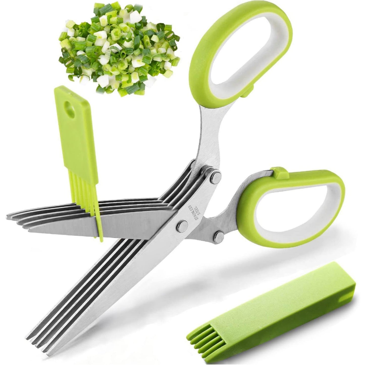 Scissors with 5 Blades & Cleaning Kit, Stainless Steel Kitchen Shears for Herbs, Lettuce, Cilantro, Dishwasher Safe, Soft-Grip Handle