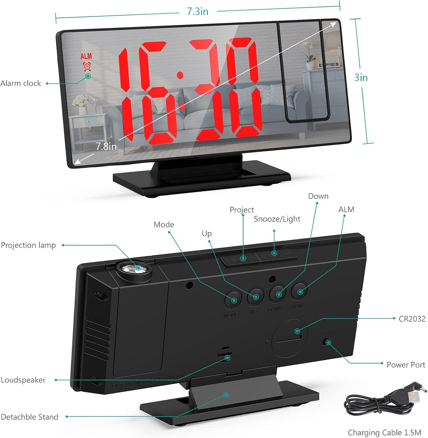 Projection Alarm Clock, LED Electronic Mirror Alarm Clock for Bedroom