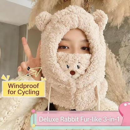 Kawaii Bear Ear Beanie Scarf, Super Soft Furry Double Layer Neck Warmer & Hat