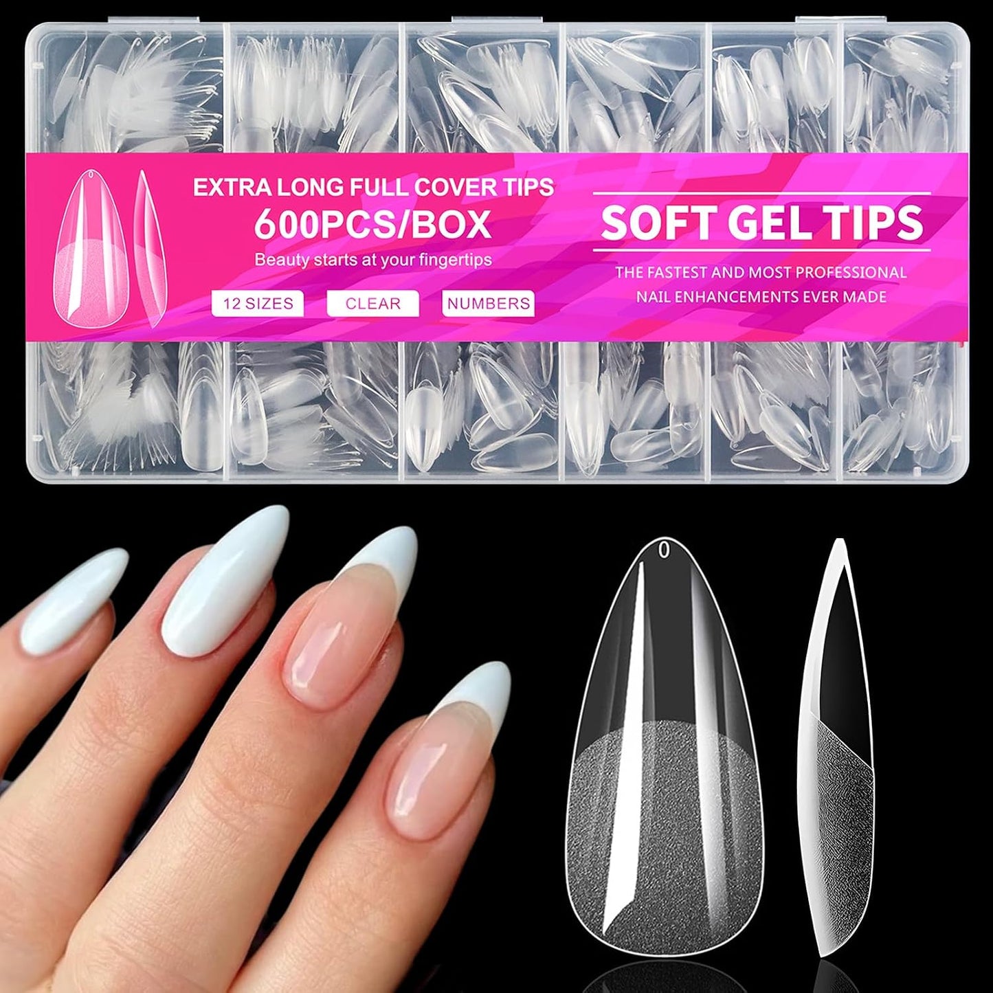 600pcs Almond Nail Tips Medium Fake Nails - Soft Gel Nail Tips Almond Shape