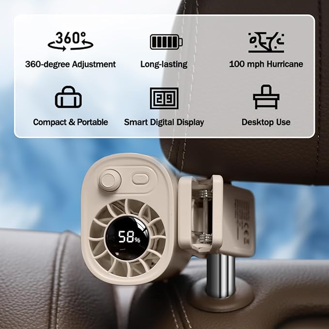 Car Clip on Fan with Led Display - 360° Rotation, 100 Speeds Adjustable