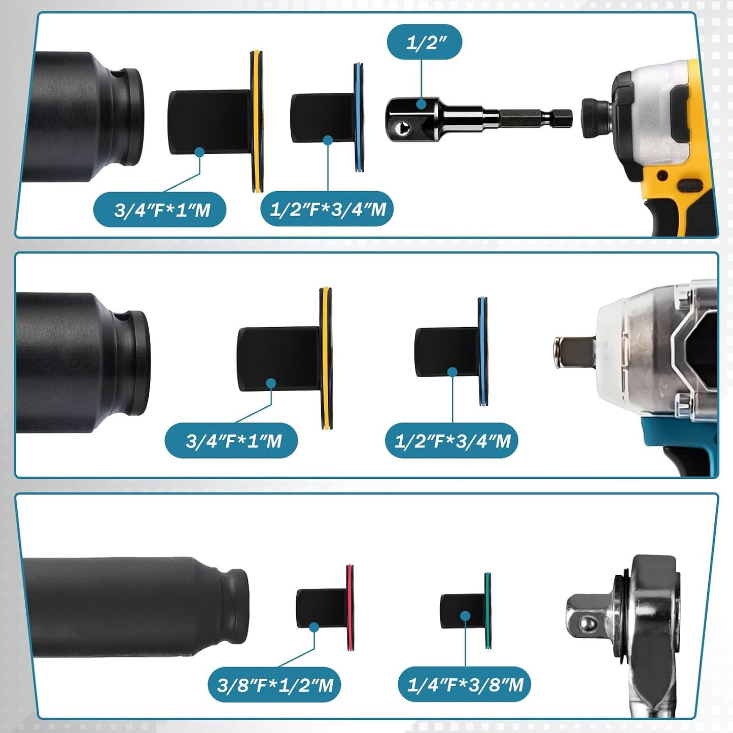 4Pcs Low Profile Impact Socket Adapter Set (3/8" to 1/2", 1/4" to 3/8", 1/2" to 3/4", 3/4" to 1")