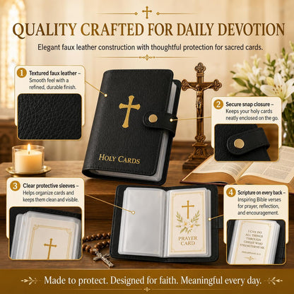 Genuine Leather Holy Card Holder Book with 54 Assorted Catholic Prayer Cards