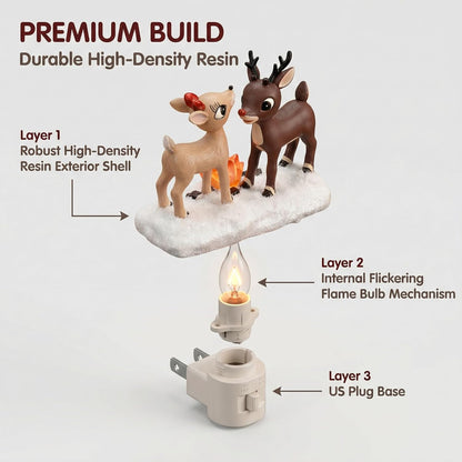 Reindeer Night Light with Flickering Flame – LED Faux Campfire Lamp for Christmas