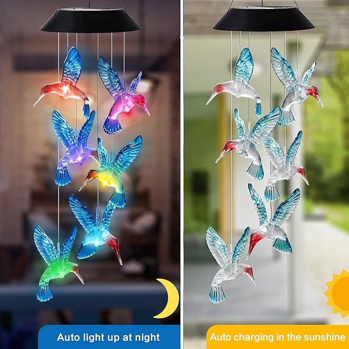 Hummingbird Solar Wind Chimes Color Changing Solared Lights Outdoor Waterproof LED Wind Chimes