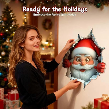3Pcs 3D Funny Santa Claus Breakthrough Wall Decals, Removable Winter Holiday Window and Refrigerator Decorations