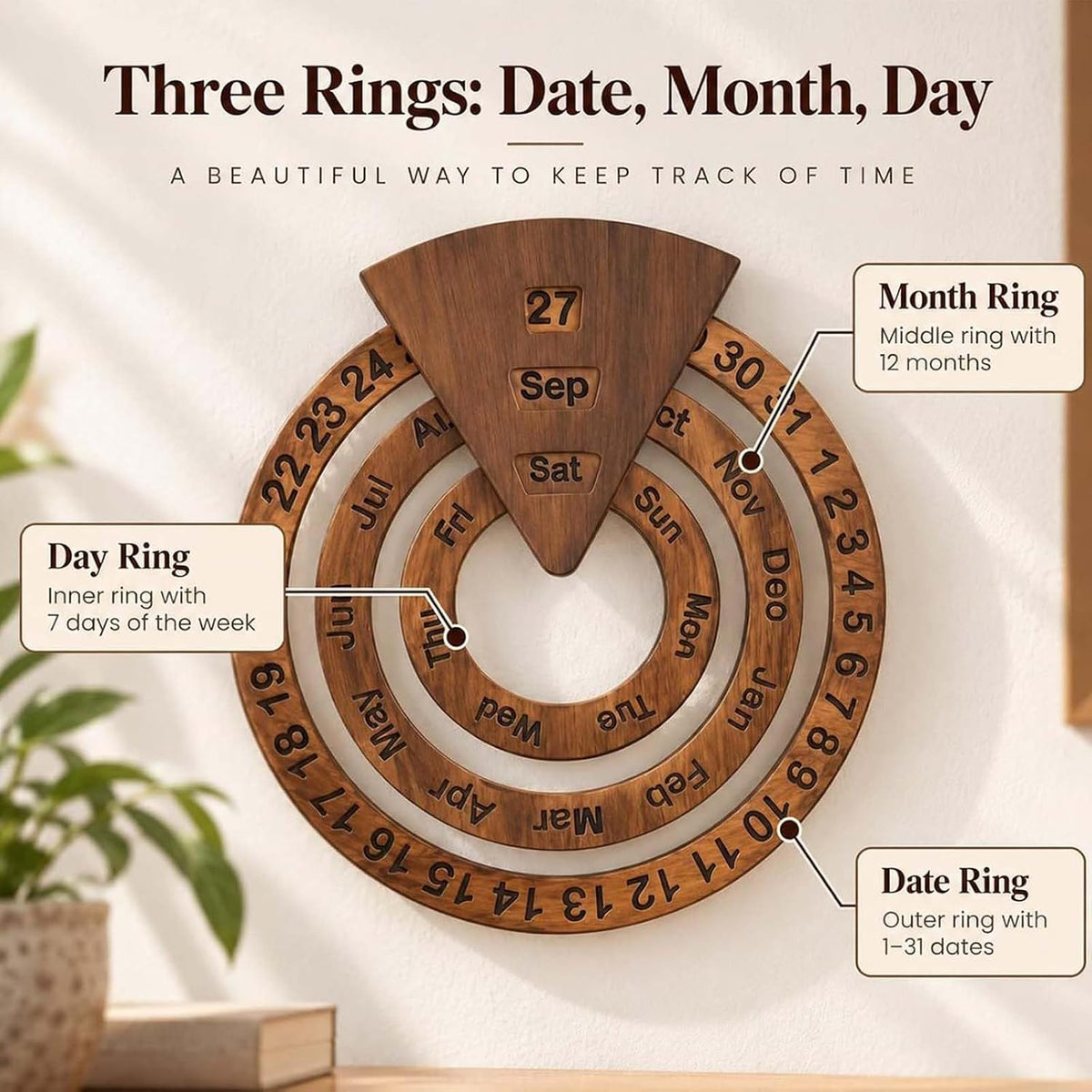 Wooden Perpetual Calendar – Rotating Wall Calendar, Manual Rotating Ring Date Month Day Tracker
