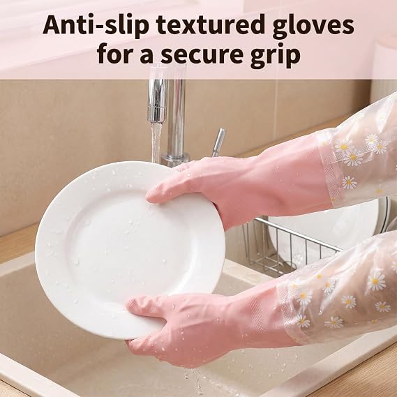 3 Pairs Dishwashing Cleaning Gloves-Reusable Rubber Gloves Non-Slip