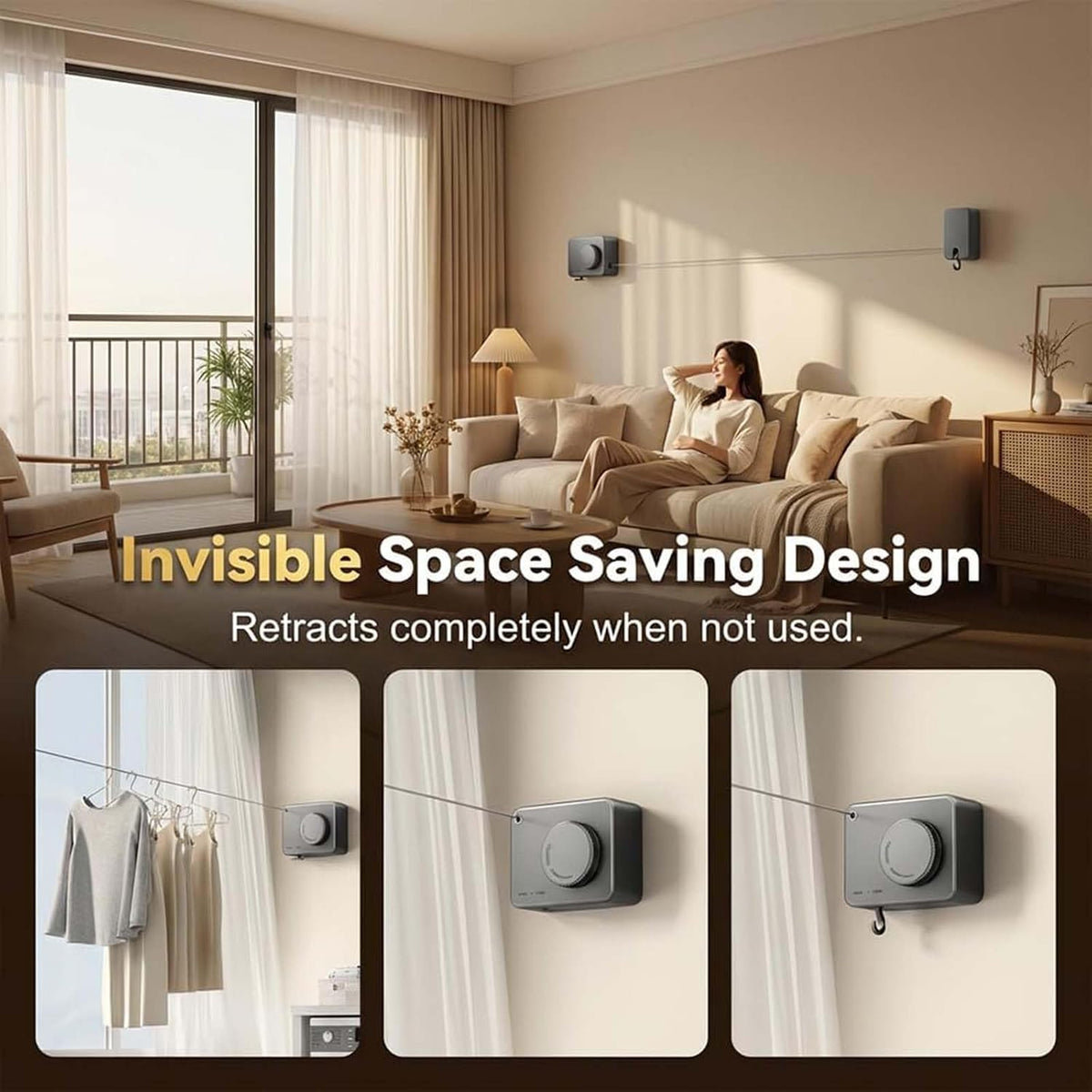 15Ft Retractable Wall Clothesline Hidden Indoor Drying Line