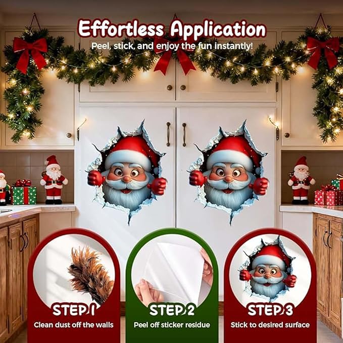 3Pcs 3D Funny Santa Claus Breakthrough Wall Decals, Removable Winter Holiday Window and Refrigerator Decorations