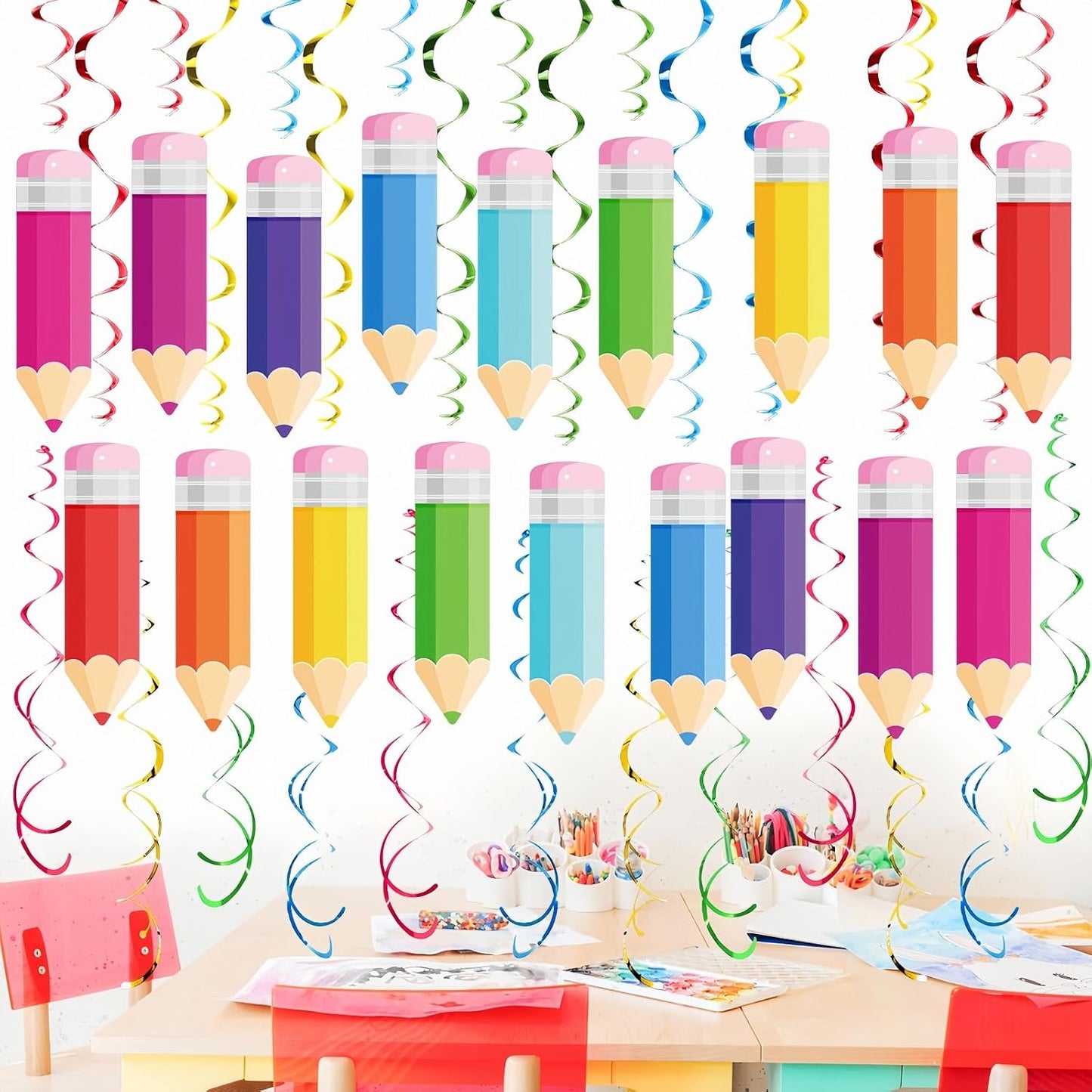 48Pcs Back to School Pencil Hanging Swirl Decorations,Welcome Back to School Foil Ceiling Swirls