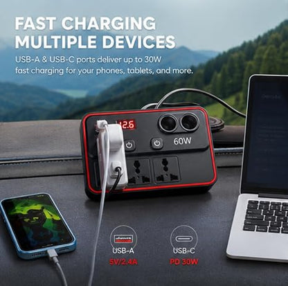 Multifunctional Car Charger with AC Outlets & USB - Inverter for Car 12/24V to 220V Fast Charging Converter