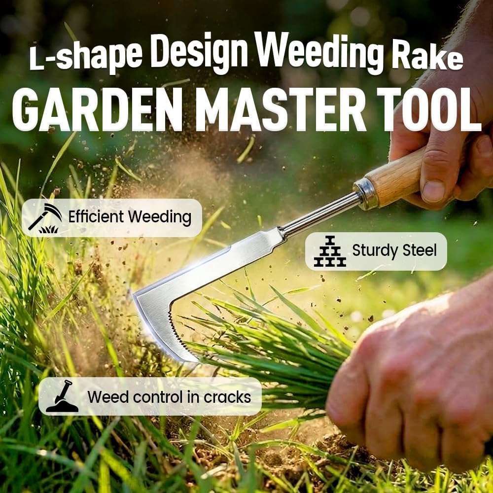 Crack Weeder, Stainless Steel L-Shaped Crevice Weeder Tool with Wood Handle