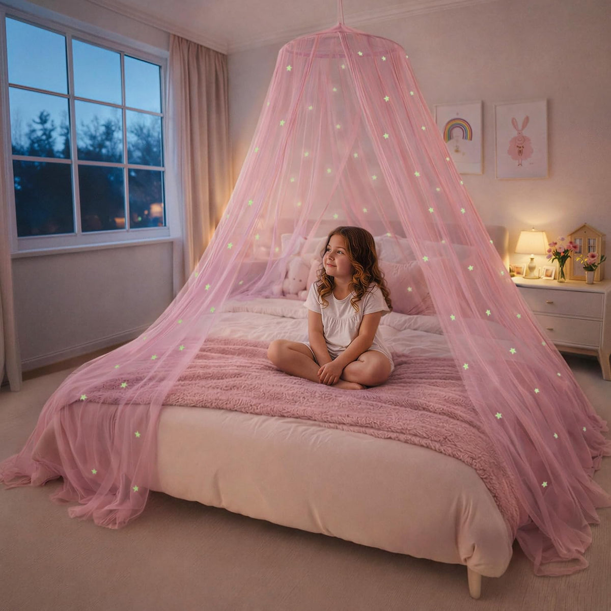Pink Princess Bed Canopy for Girls with Glowing Stars