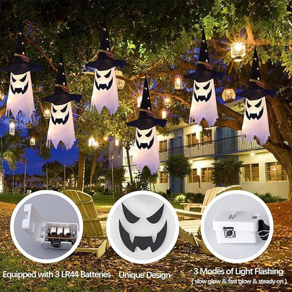 3Pcs Halloween Hanging Lighted Glowing Ghost Witch Hat Indoor Outside Ornaments
