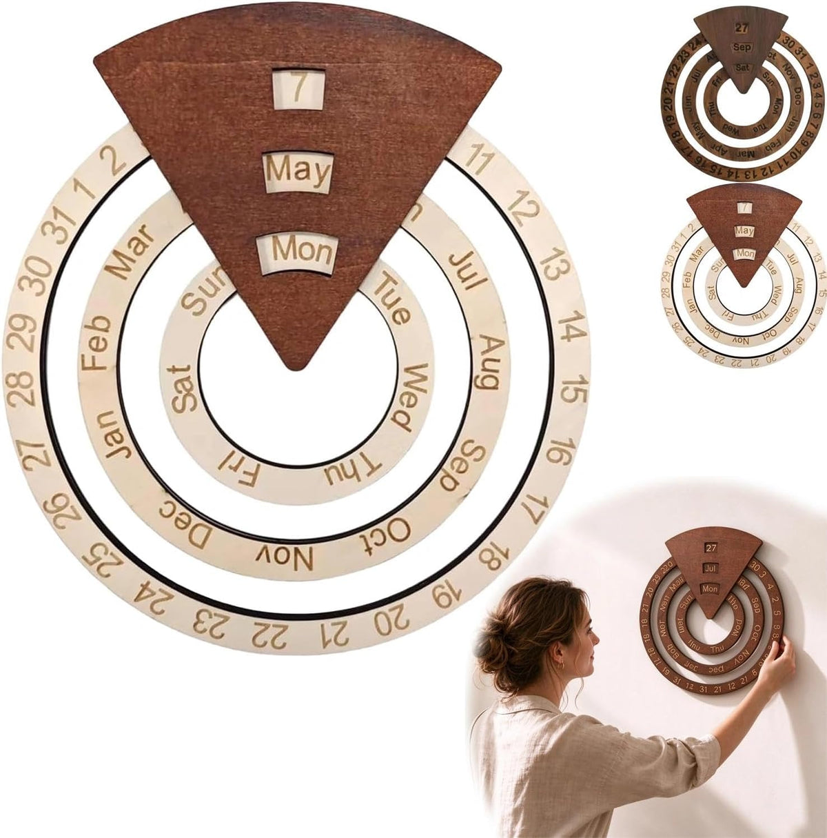 Wooden Perpetual Calendar – Rotating Wall Calendar, Manual Rotating Ring Date Month Day Tracker