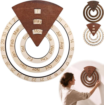 Wooden Perpetual Calendar – Rotating Wall Calendar, Manual Rotating Ring Date Month Day Tracker