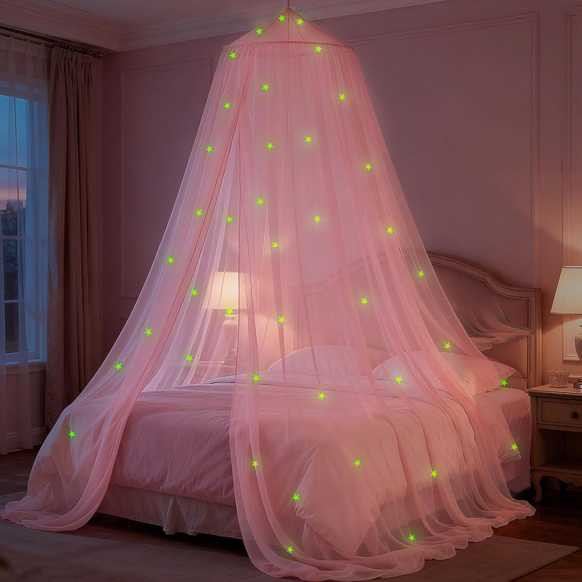 Pink Princess Bed Canopy for Girls with Glowing Stars