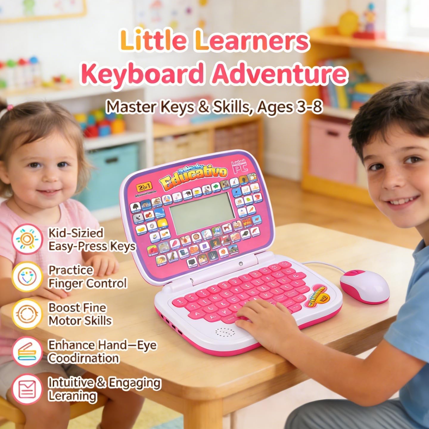 Bilingual Kids Laptop with English&Spanish, Interactive Music Function Rereading Keyboard Educationa