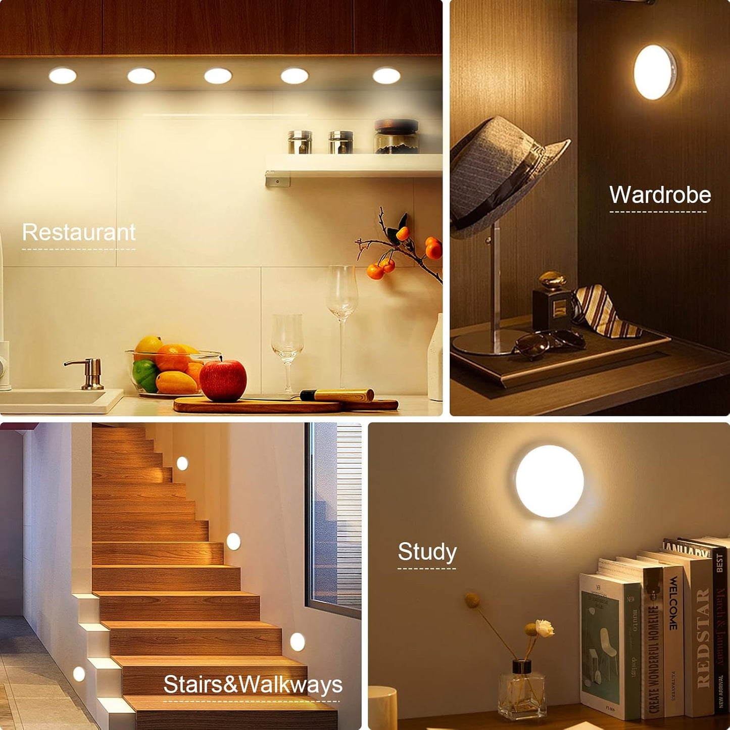 4Pcs Motion Sensor Light Indoor, Night Light(3000K ) | 8 LEDs, USB Rechargeable, 3 Light Modes, 400 mAh Battery